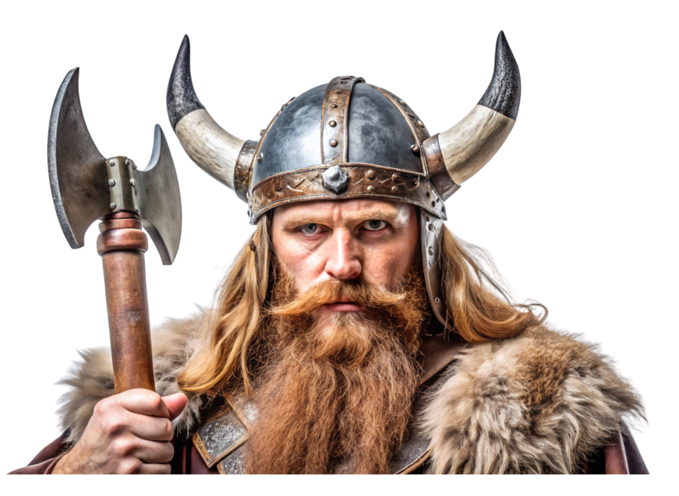 Authentic Viking warrior with traditional armor, fierce expression, and weapon, symbolizing Norse strength png