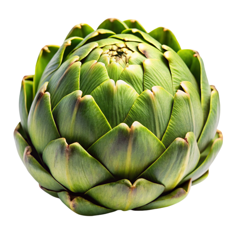 Close up of a green artichoke head on a clean Transparent Background, highlighting its layered petals png
