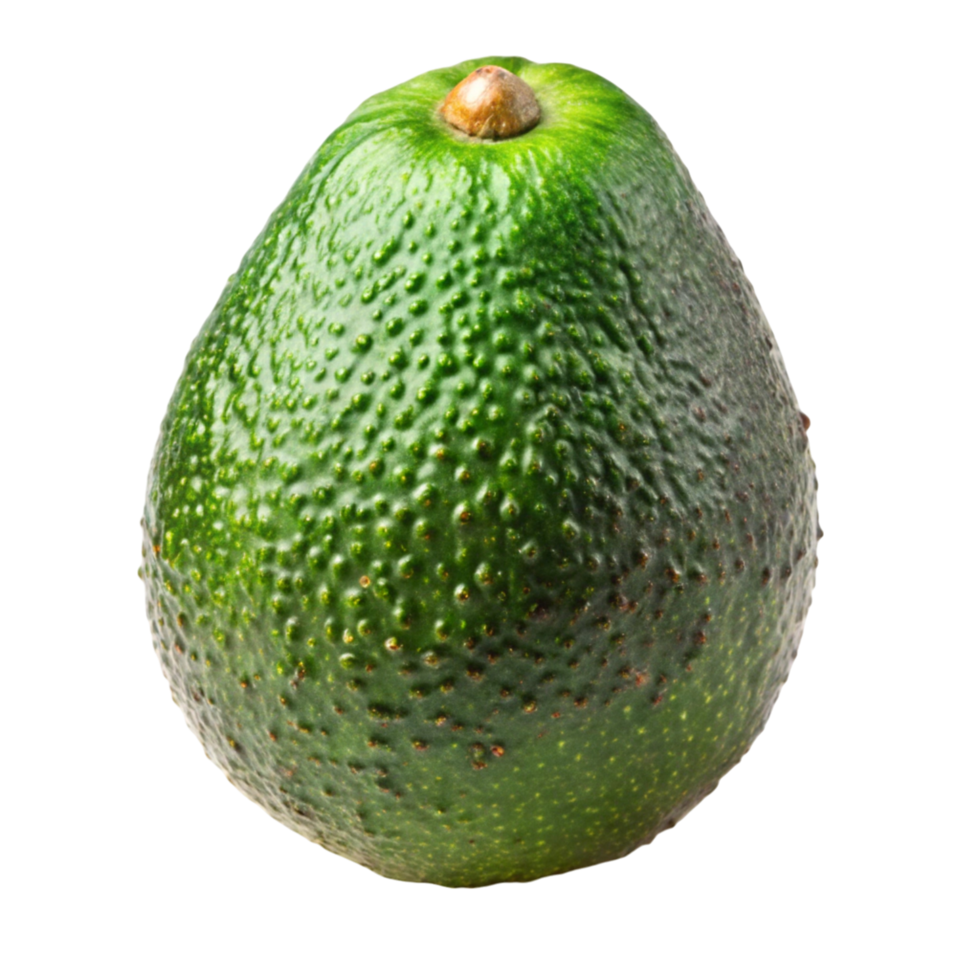 Close up of a green avocado half revealing seed, accompanied by whole fruit on a white isolated background png