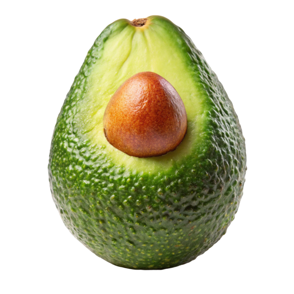 Vibrant green avocado half with a seed next to a whole avocado, isolated against a clean Transparent Background png
