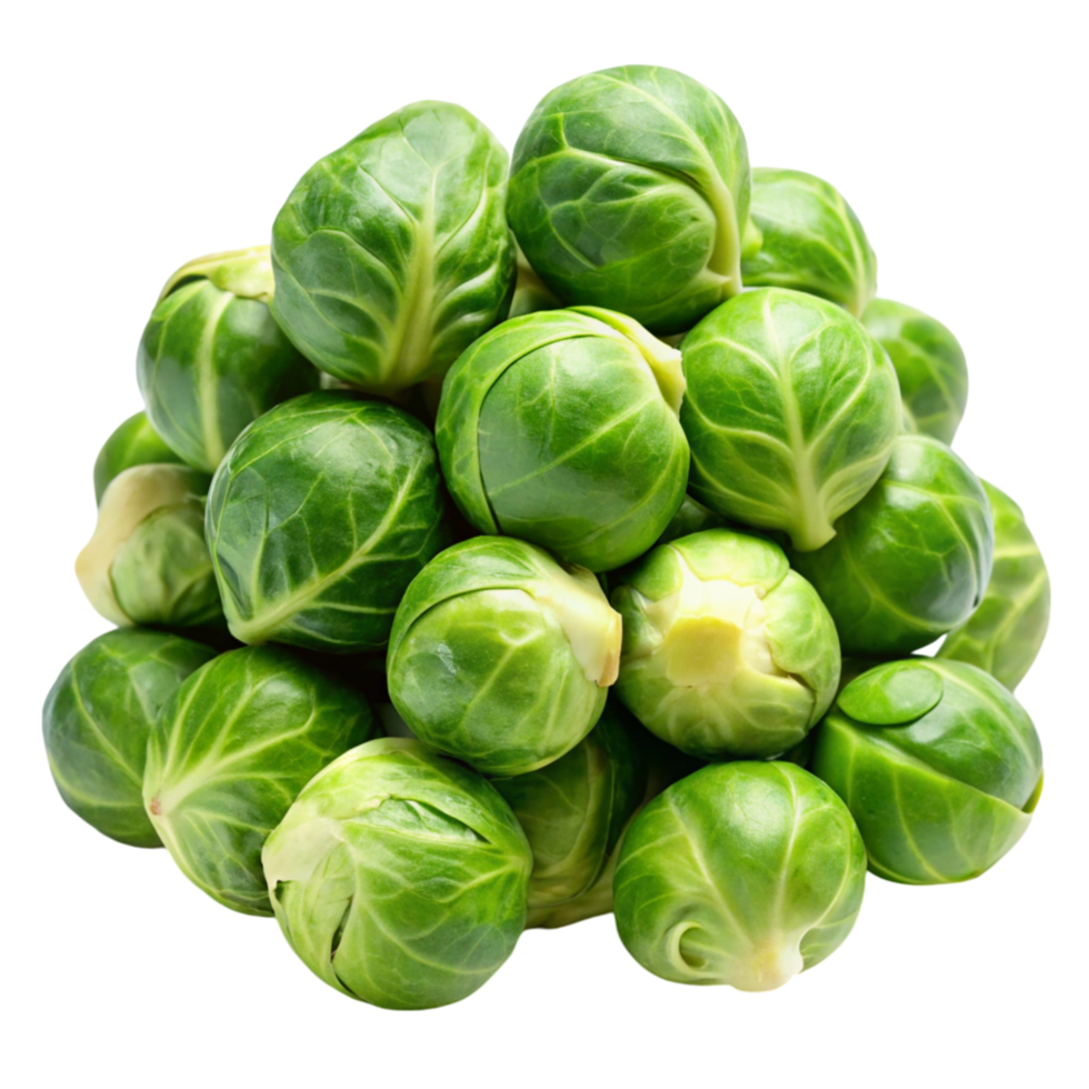 Raw and fresh Brussels sprouts on a plain backdrop, displaying their vibrant green leaves and natural texture png
