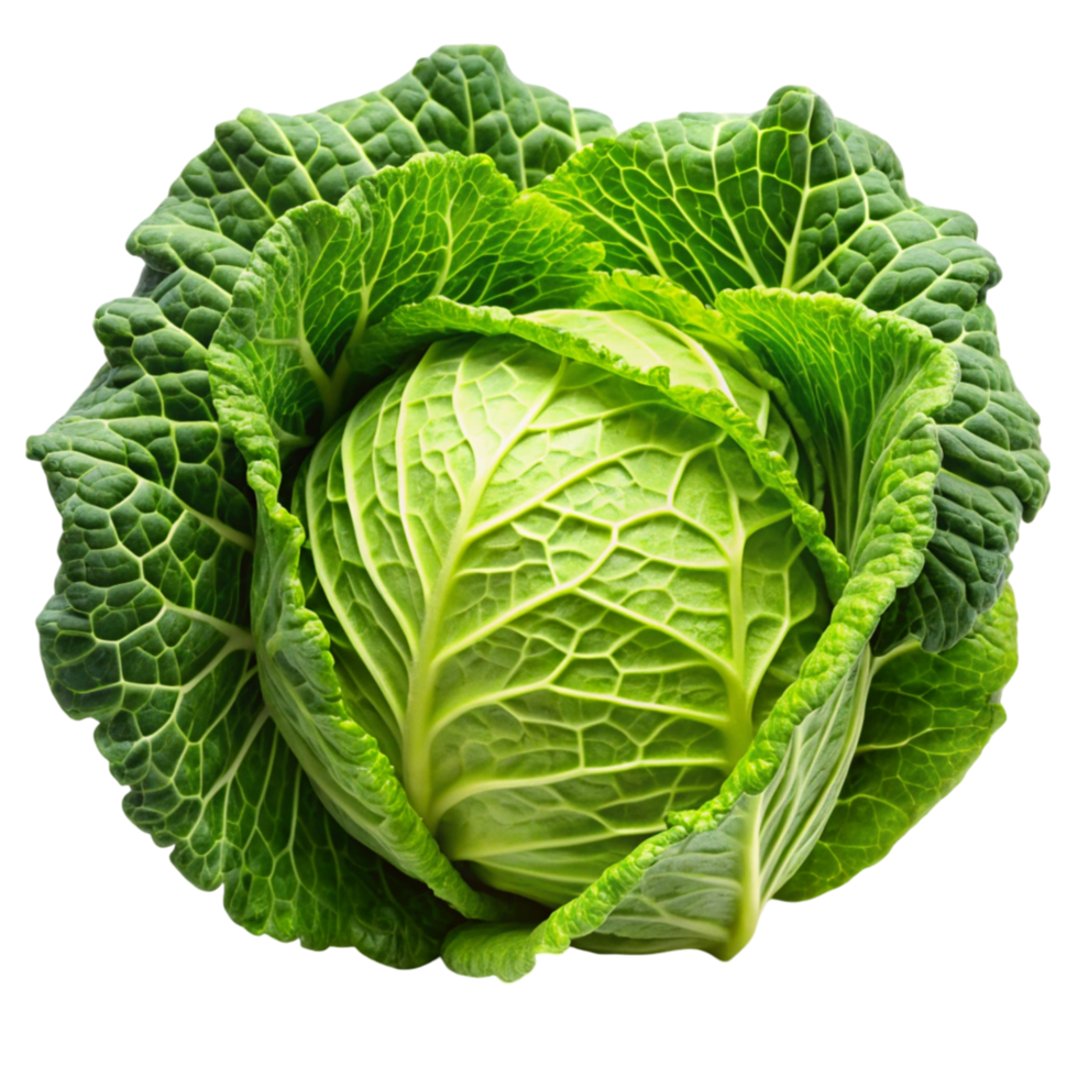 Fresh green savoy cabbage with vibrant leaves isolated on Transparent Background, highlighting texture and crispness png
