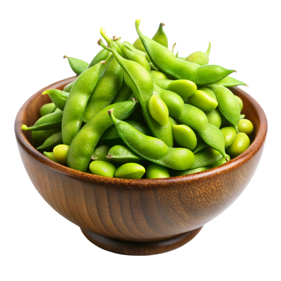 Close up of green edamame beans in their pods, displayed in a natural arrangement on a Transparent Background png