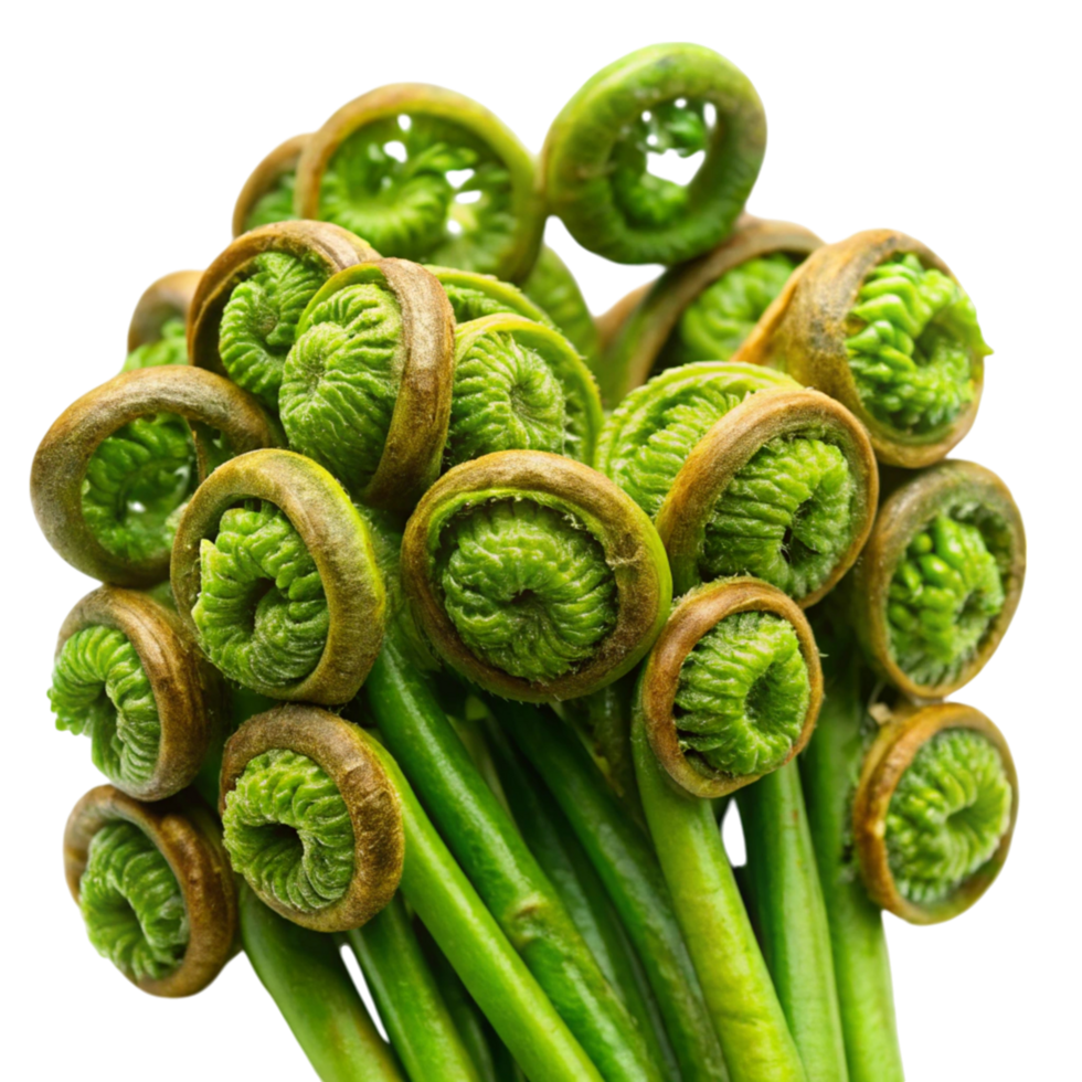 Raw fiddlehead ferns on a Transparent Background, healthy and seasonal wild greens, ideal for fresh recipes png