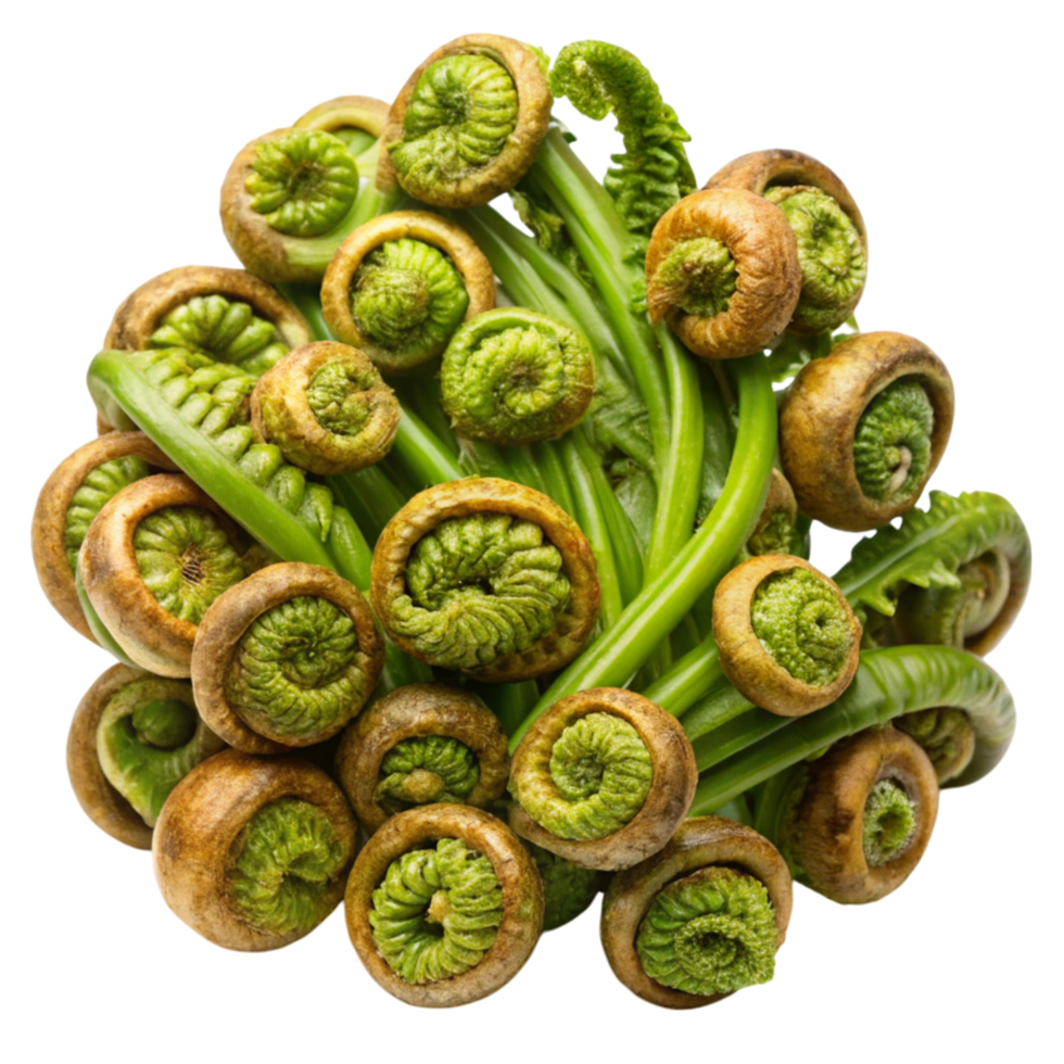 Close up of fiddlehead ferns on white, fresh wild vegetables with a unique shape and natural texture png