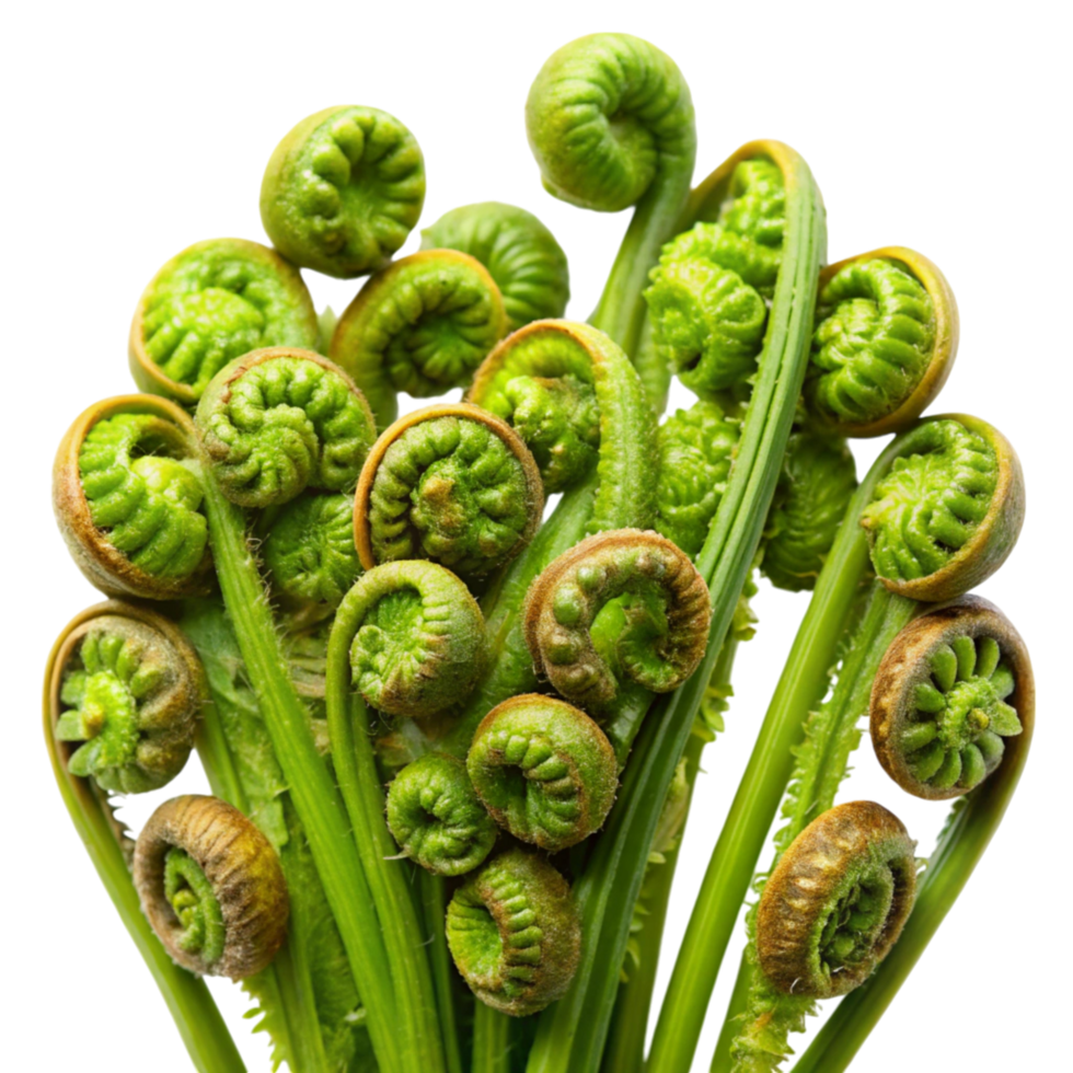 Fresh fiddlehead ferns isolated on Transparent Background, vibrant green and coiled, perfect for culinary use png