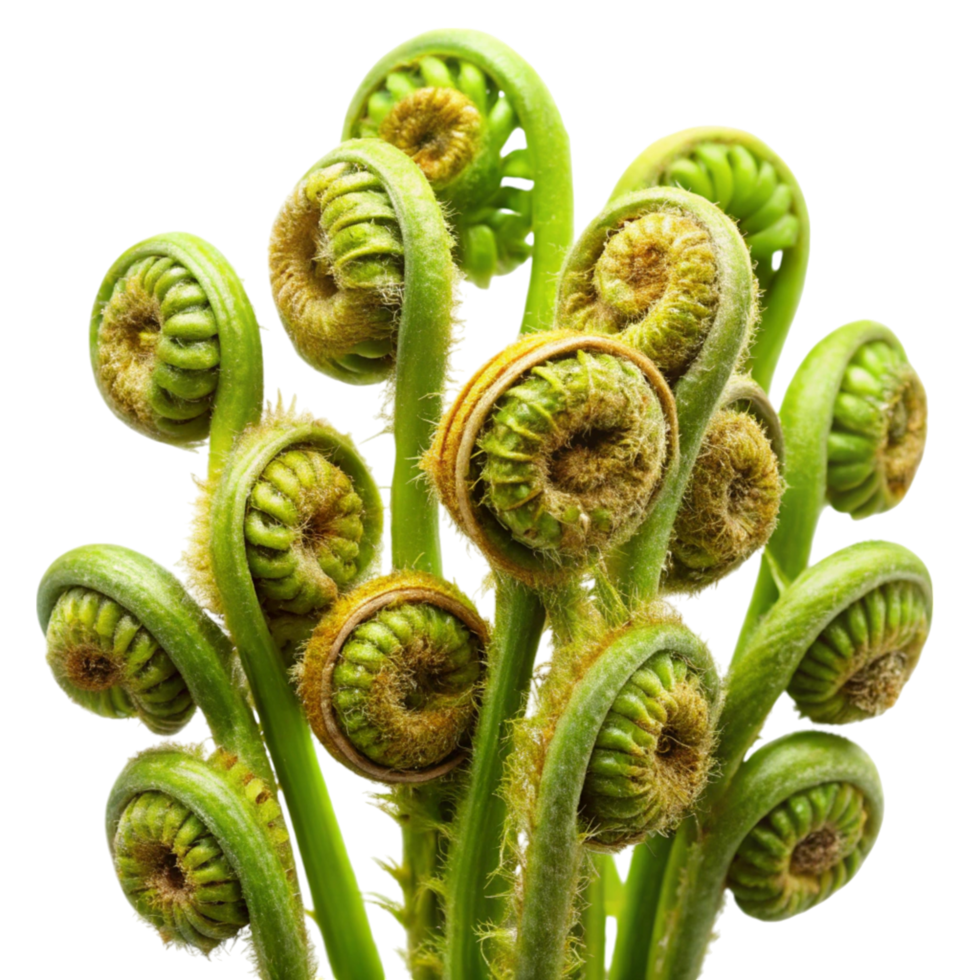 Organic fiddlehead ferns, coiled and green, isolated on a Transparent Background, great for gourmet cooking png