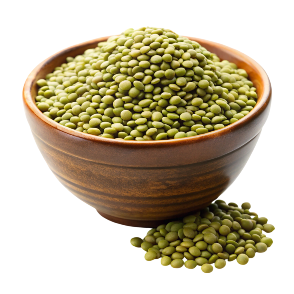 Heap of green lentils in a traditional bowl, isolated on white, fresh and natural organic food ingredient png