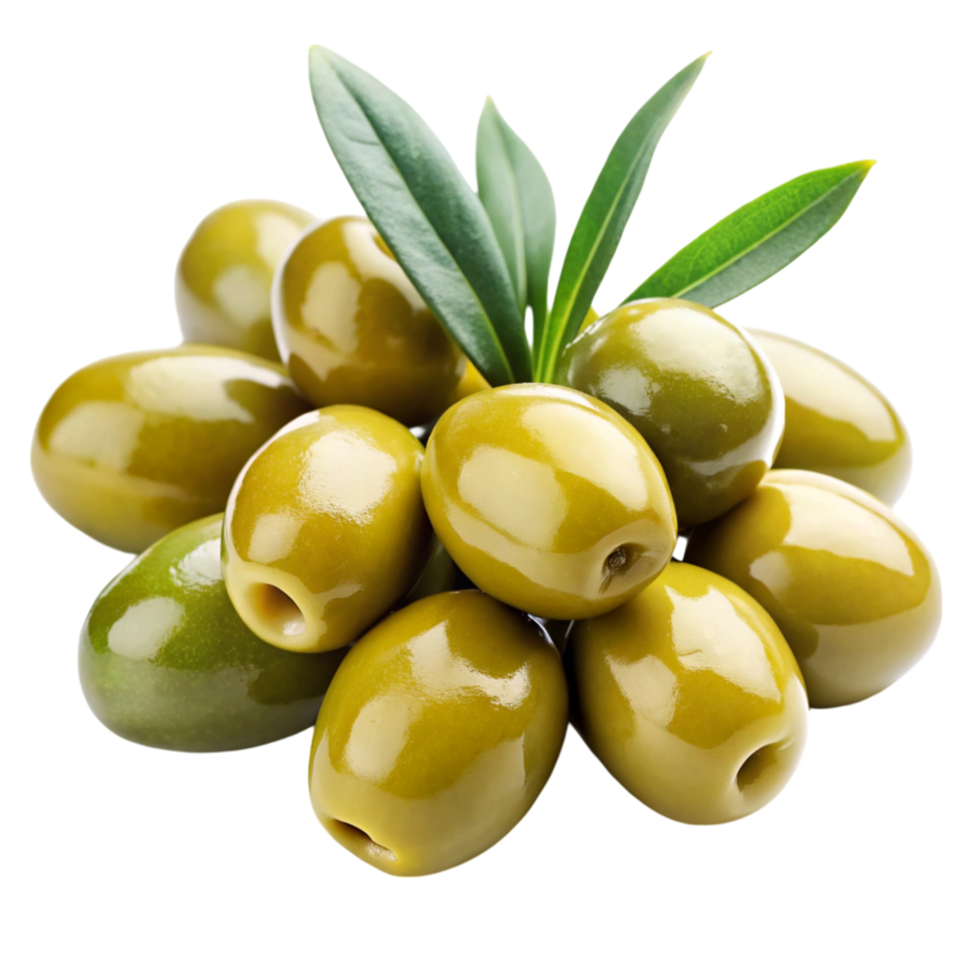 Fresh green olives with leaves isolated on Transparent Background, ideal for Mediterranean cuisine and healthy snacking png
