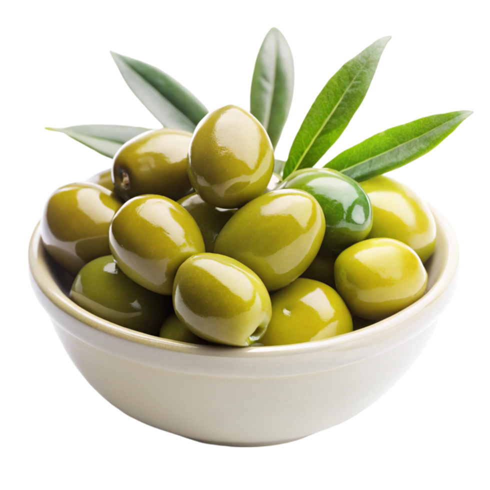 Bright green olives with natural leaves, showcasing their glossy appearance, isolated on Transparent Background png