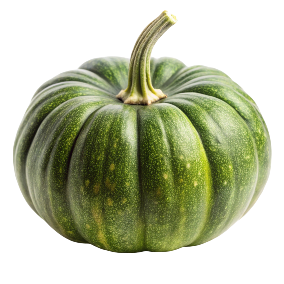 Close up of whole green pumpkin, displayed on a clean white surface, emphasizing natural texture and vibrant color png