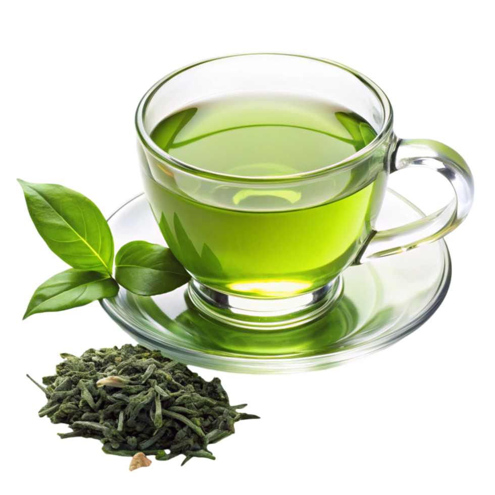 Glass cup of green tea with tea leaves and fresh leaves, isolated on white, ideal for wellness, detox, and health themes png
