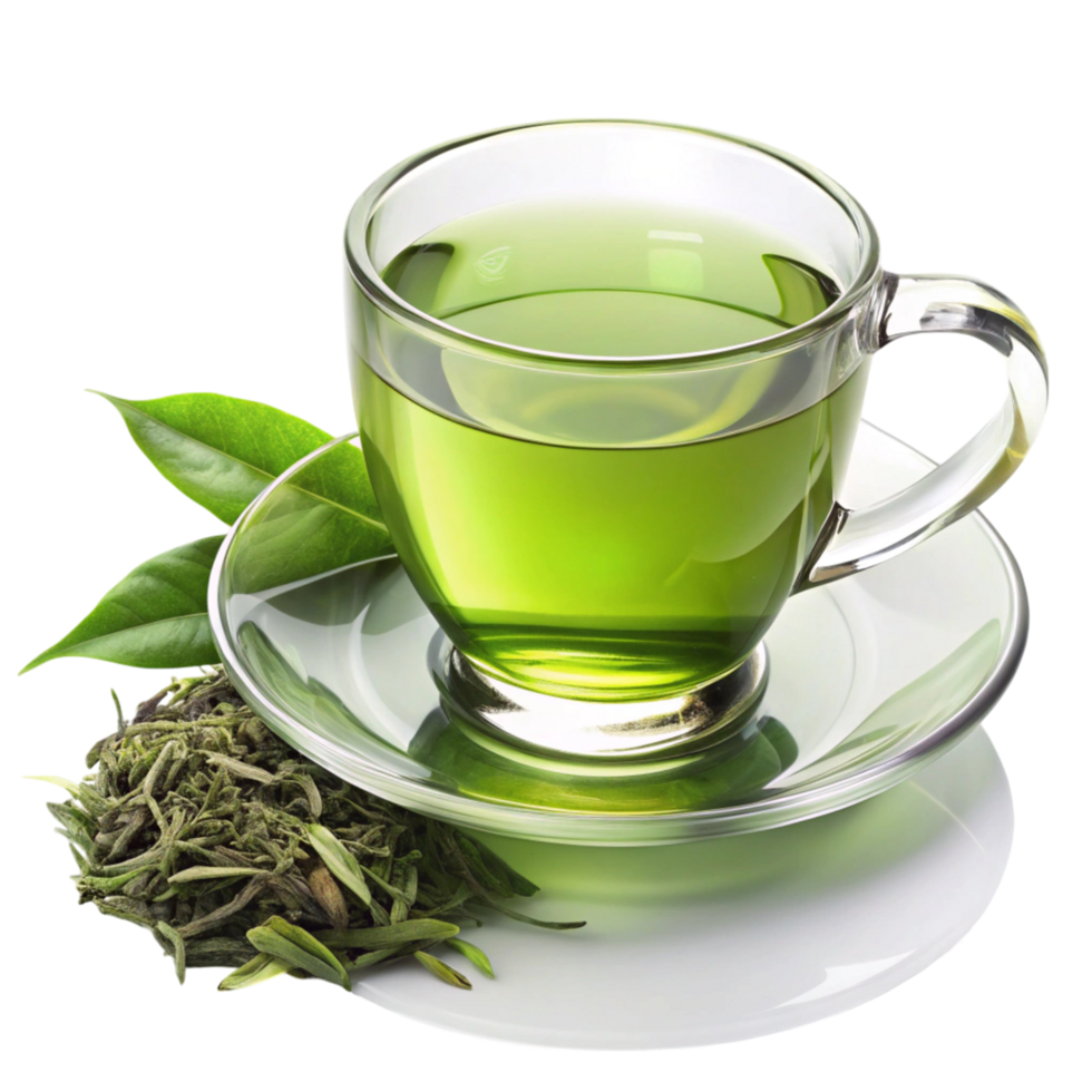 Freshly brewed green tea in a glass cup with tea leaves, isolated on Transparent Background, perfect for healthy drinks png