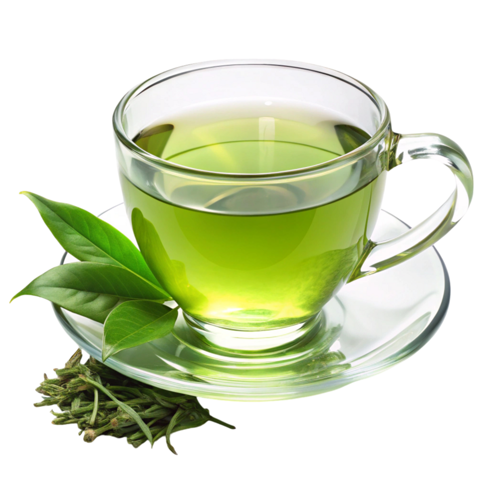Bright green herbal tea in a transparent cup with loose leaves, highlighting its natural and refreshing qualities png