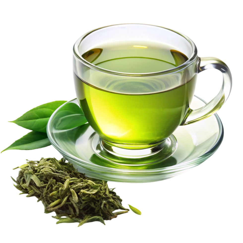 Close up of vibrant green tea in a clear cup, displayed on a white surface with leaves and tea, emphasizing freshness png