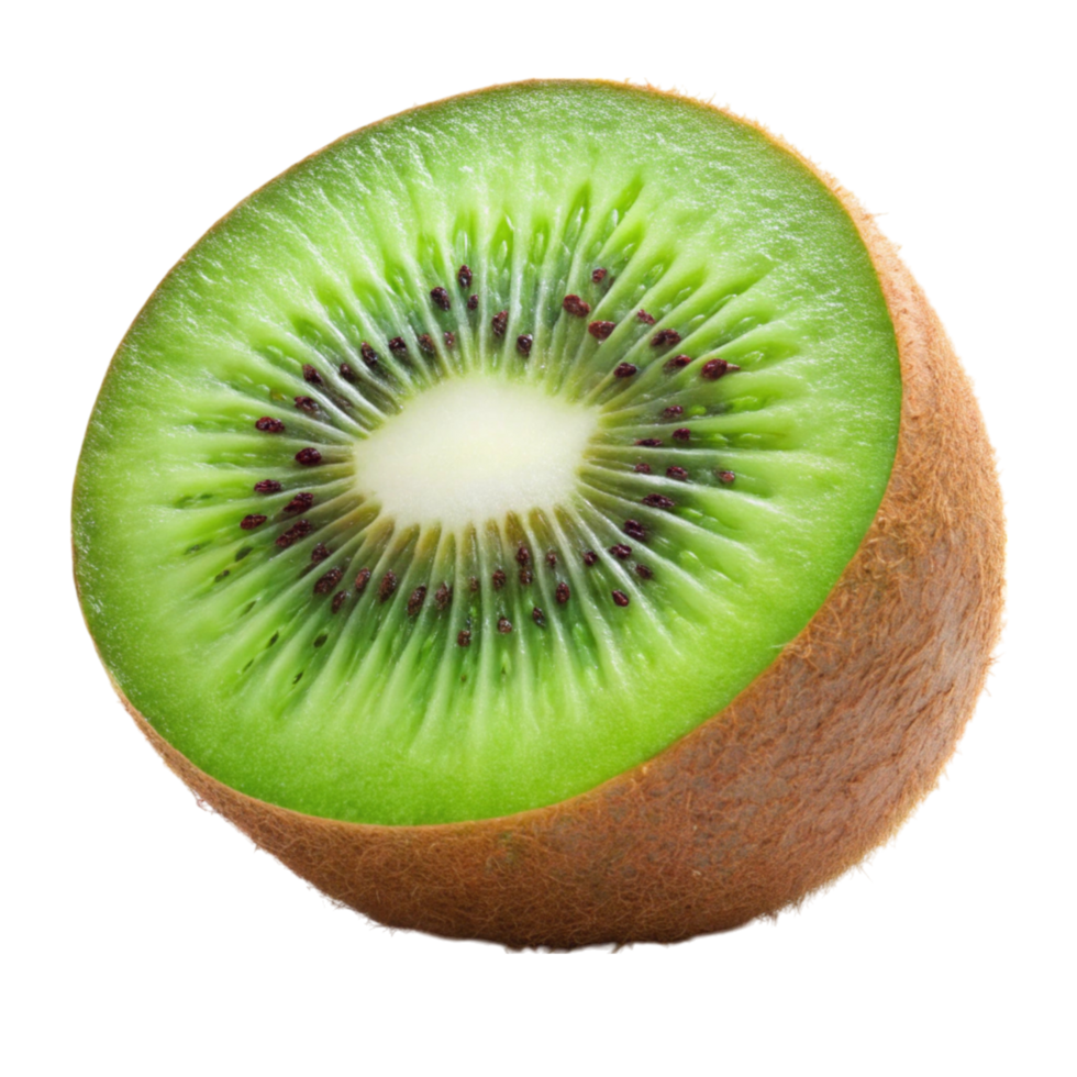 Close up of juicy green kiwi slice, displayed on a clean white surface, emphasizing natural texture and vibrant color png