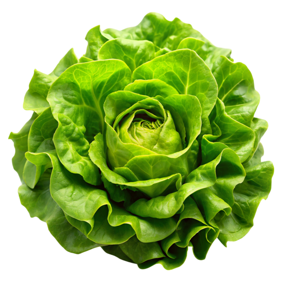 Close up of whole butterhead lettuce, displayed on a clean white surface, emphasizing vibrant color and crisp texture png