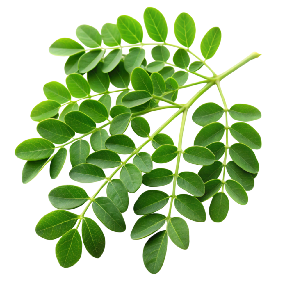 Close up of vibrant moringa leaves, displayed on a clean white surface, emphasizing natural color and texture png