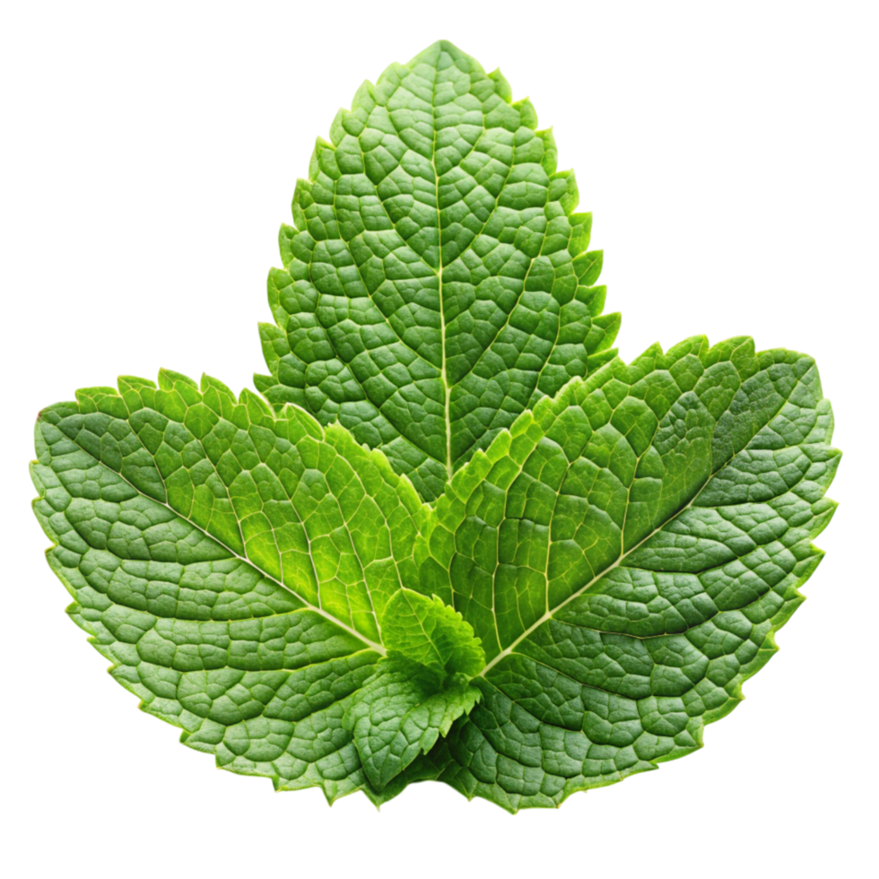 three fresh mint leaves, displayed on a clean white surface, emphasizing vibrant color and natural texture png