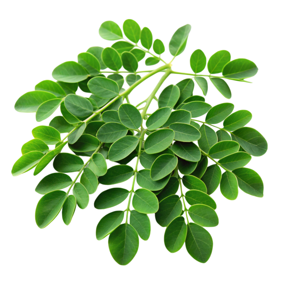 Freshly harvested moringa branch with green leaves, isolated on white, ideal for herbal, vegan, and organic uses png