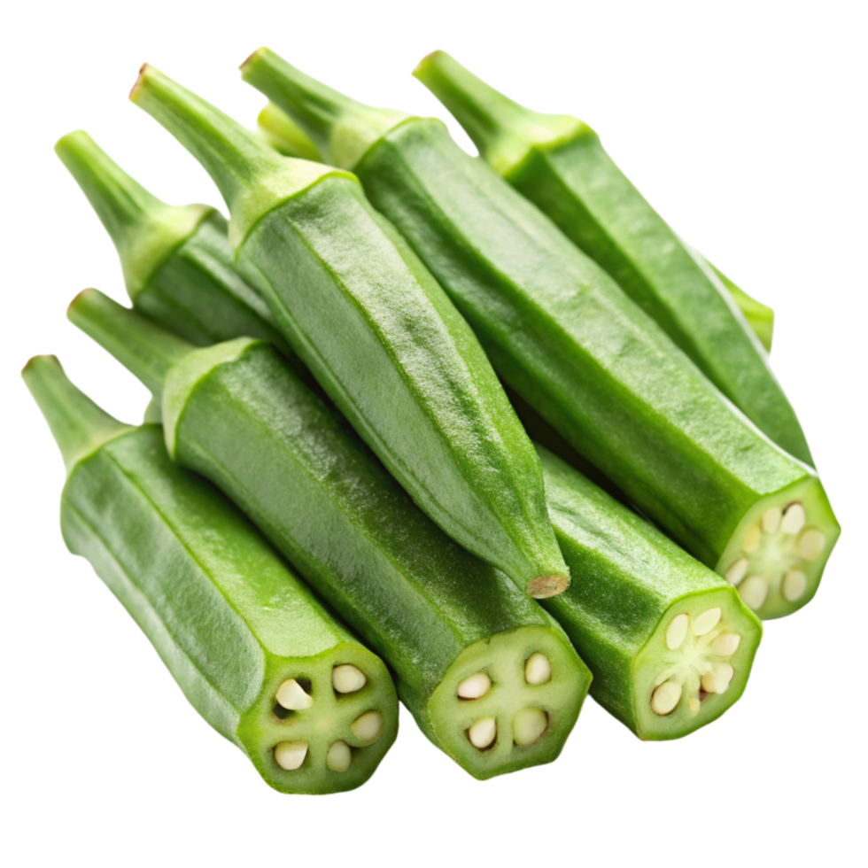 Freshly harvested okra with a cut pod, isolated on Transparent Background, highlighting natural color and crisp texture png