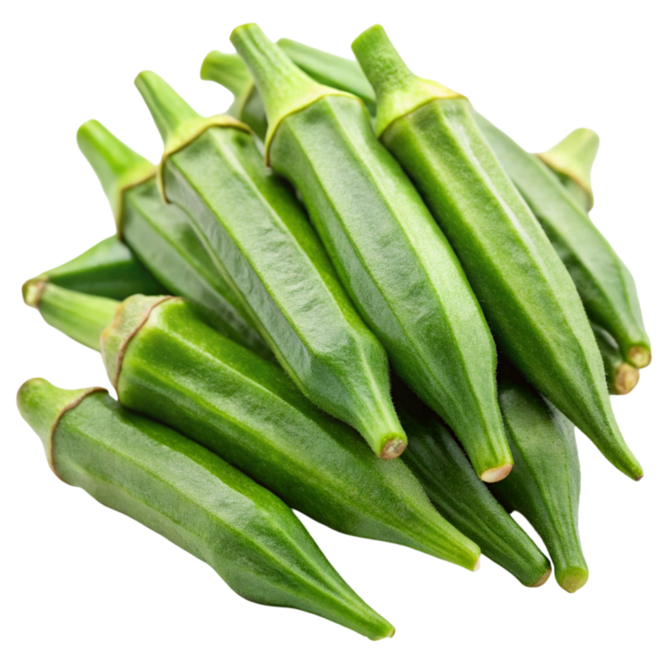 Close up of vibrant green okra pods, displayed on a clean white surface, emphasizing texture and freshness png