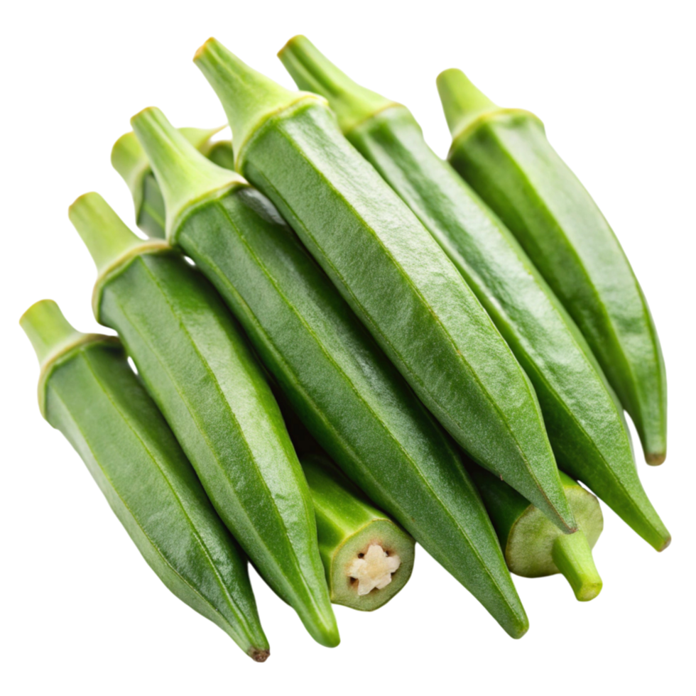 Group of fresh okra pods, isolated on white, ideal for vegetable dishes, stews, and culinary presentations png