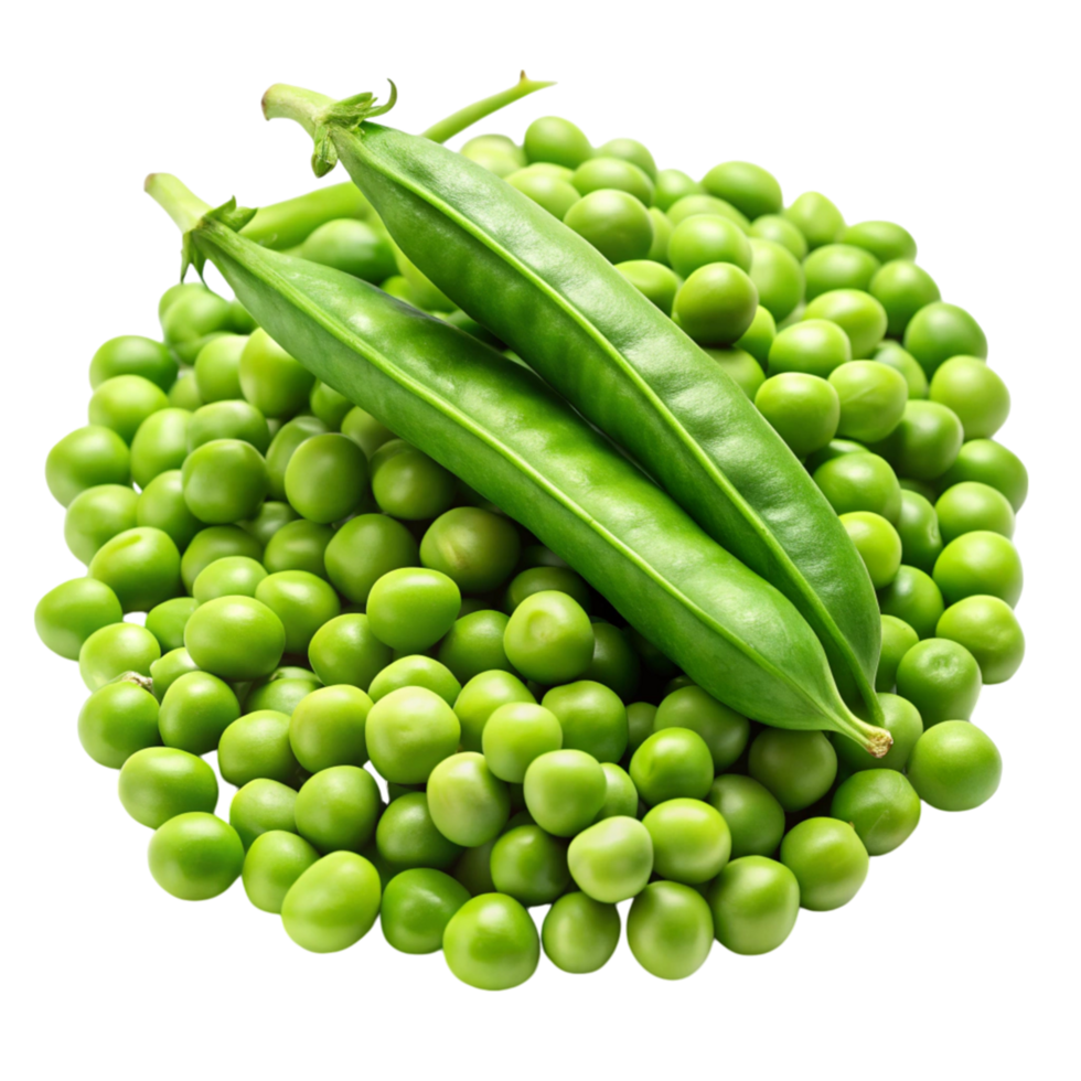 Freshly harvested green peas and pods arranged on Transparent Background, highlighting vibrant color and natural crispness png