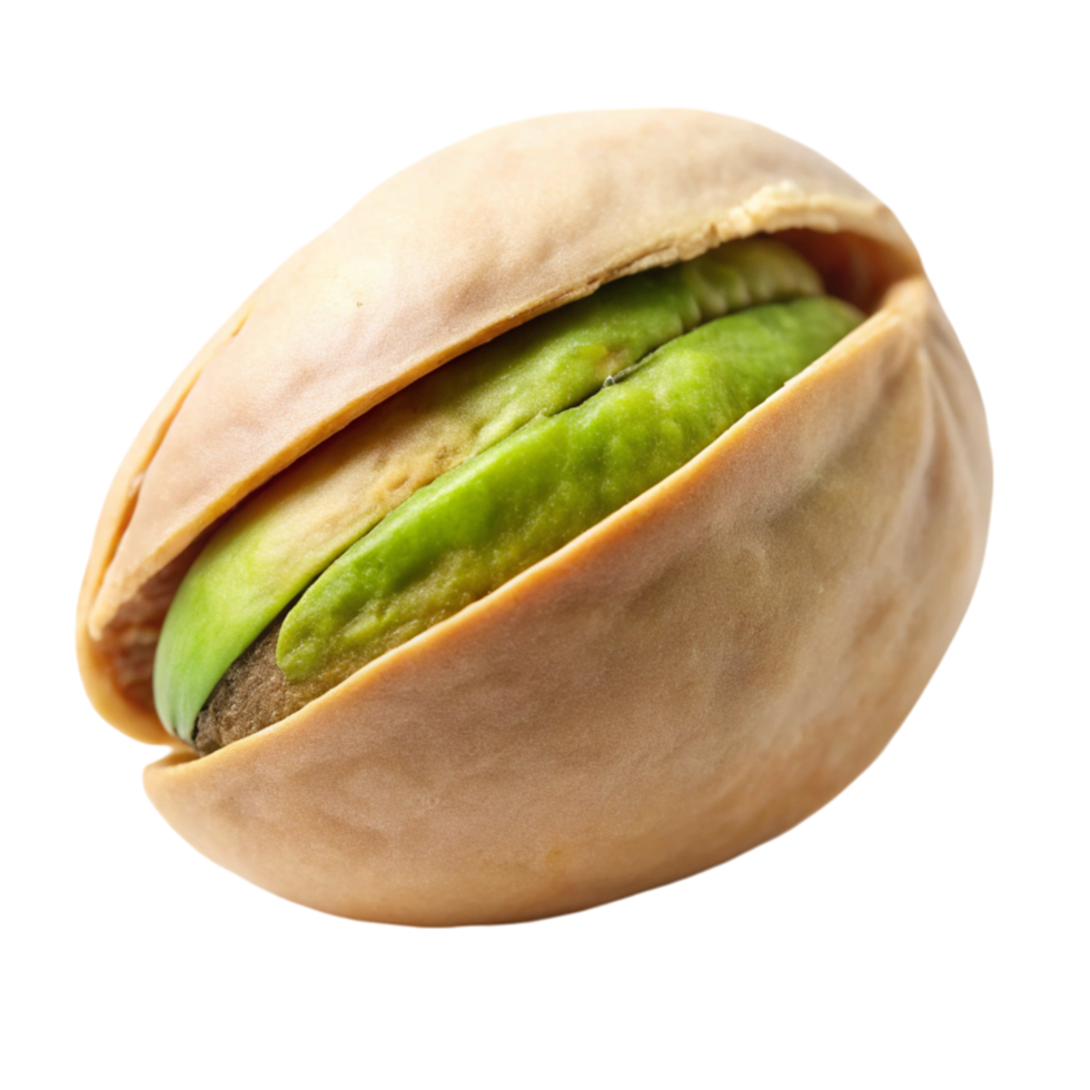 Fresh green pistachio kernel inside an open shell, displayed on a clean white surface, emphasizing natural texture png