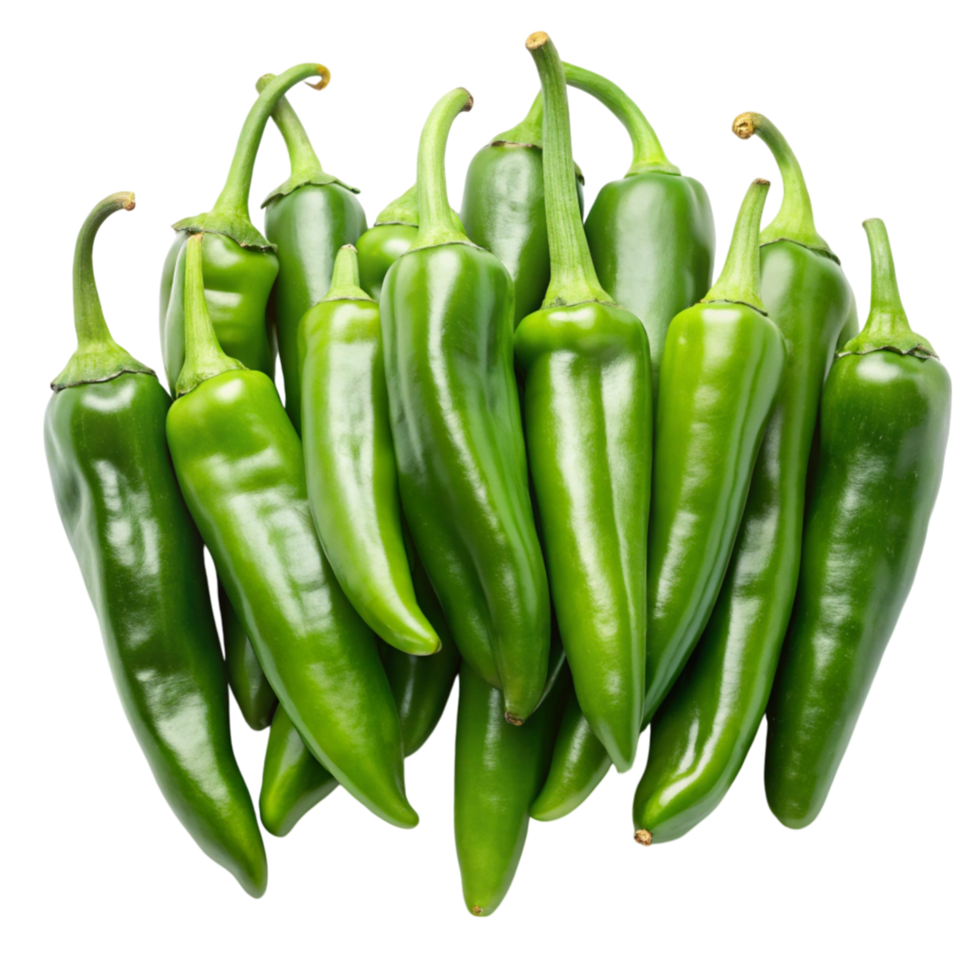 Vibrant green Anaheim chili peppers displayed on a clean white surface, emphasizing freshness and smooth texture png
