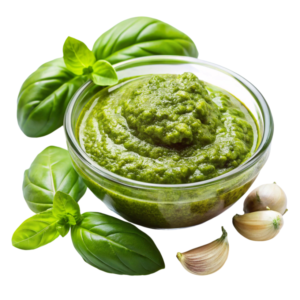 Fresh homemade basil pesto sauce in glass bowl with garlic, pine nuts, and basil leaves, isolated on Transparent Background png