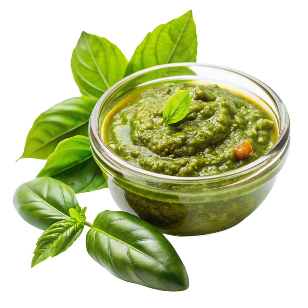 Vibrant green basil pesto sauce with fresh garlic, nuts, and herbs, displayed in a glass bowl, isolated on white png