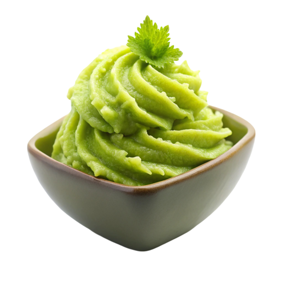 Close up of creamy green wasabi paste, elegantly swirled in a bowl, isolated on clean Transparent Background png