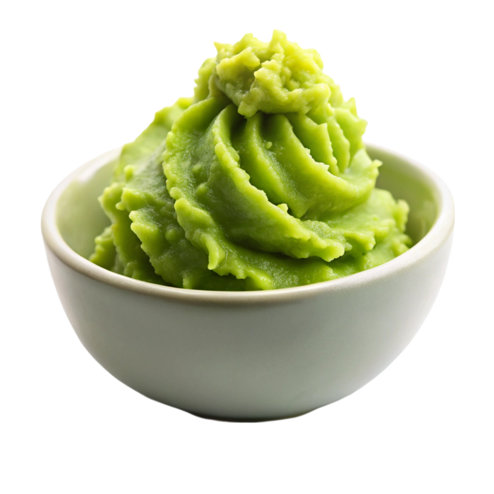 Traditional wasabi condiment in a bowl, isolated on white, highlighting vibrant color and smooth texture png