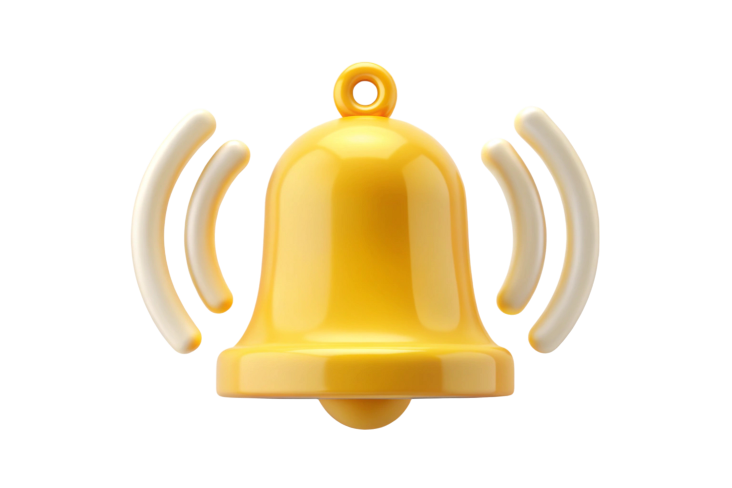3D yellow notification bell with sound waves on white, perfect for alert icons in web and app design png