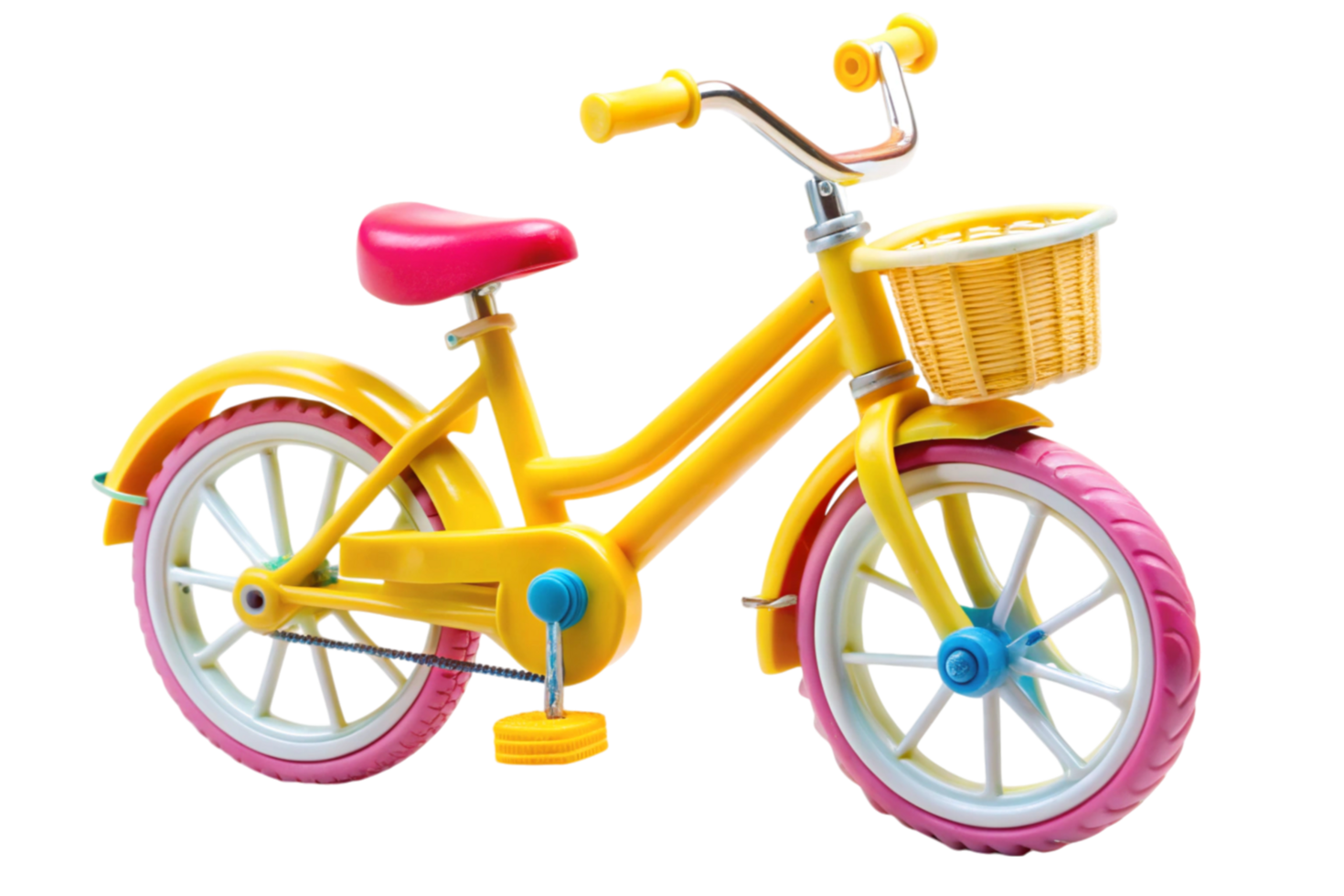 Brightly colored toy bicycle with a basket and vibrant details, perfect for childrens toys and fun activities png