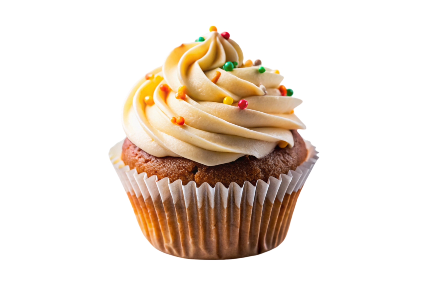 Vanilla cupcake topped with swirled buttercream frosting and colorful sprinkles, perfect for celebrations and treats png