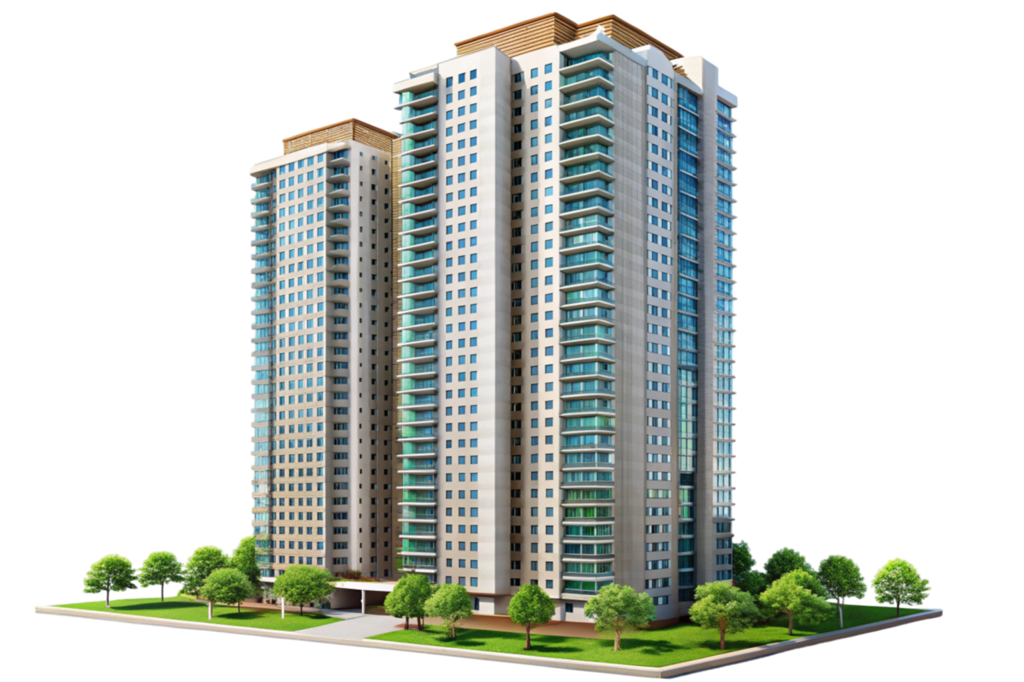 Modern high rise residential buildings with balconies and green landscaping, ideal for real estate and architecture themes png