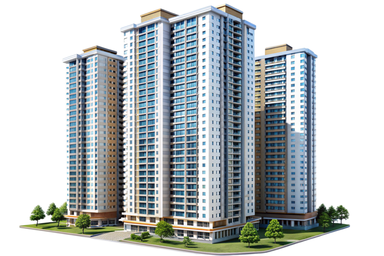 Elegant high rise buildings with blue windows and landscaped surroundings, ideal for urban design and property concepts png
