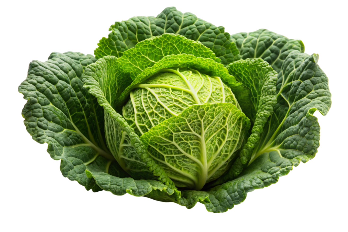 Fresh whole green cabbage with detailed leaves on a white background, perfect for healthy eating and cooking concepts png