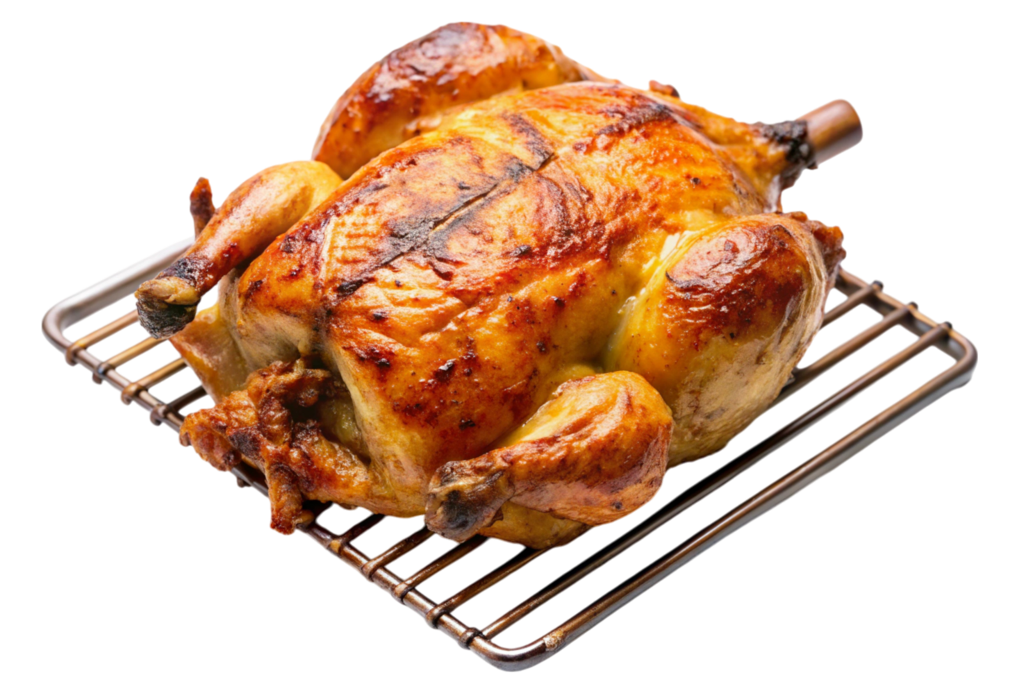 Juicy whole grilled chicken resting on a wire rack in a clean white backdrop png