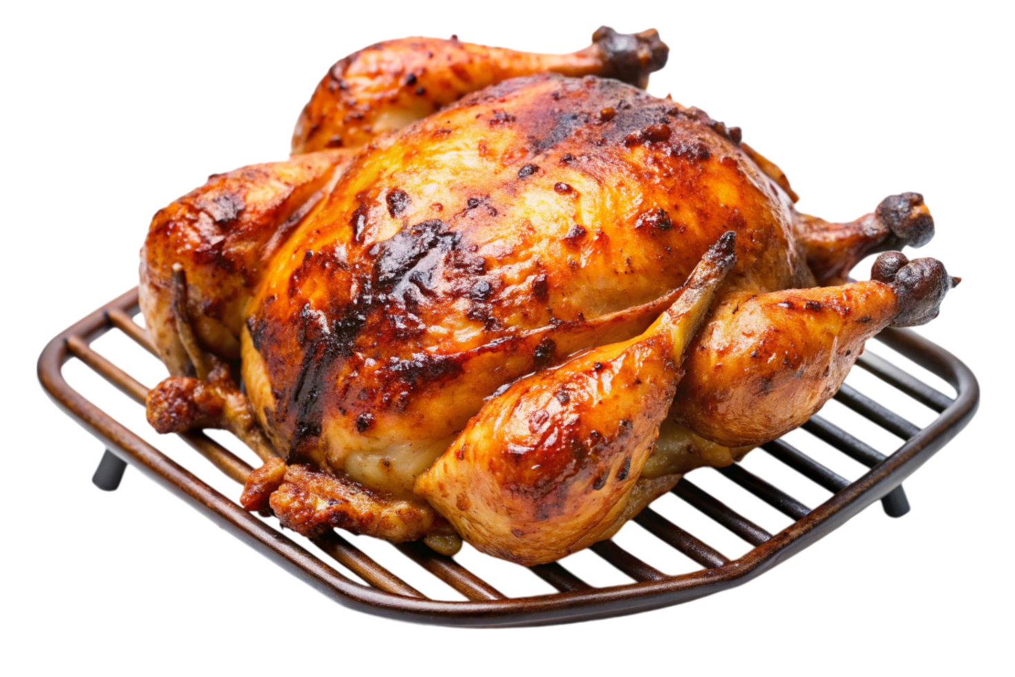 Perfectly grilled whole chicken displayed on a cooling rack against a plain white background png