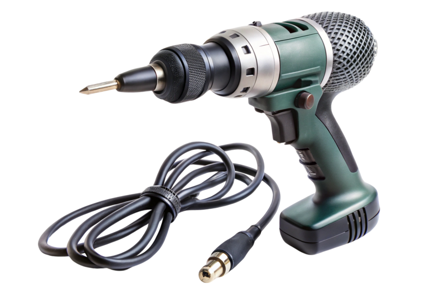 Versatile power drill tool with microphone like attachment on white png