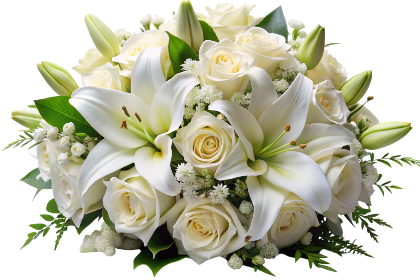 Beautiful white bouquet featuring delicate roses and blooming lilies, perfect for weddings and special occasions png
