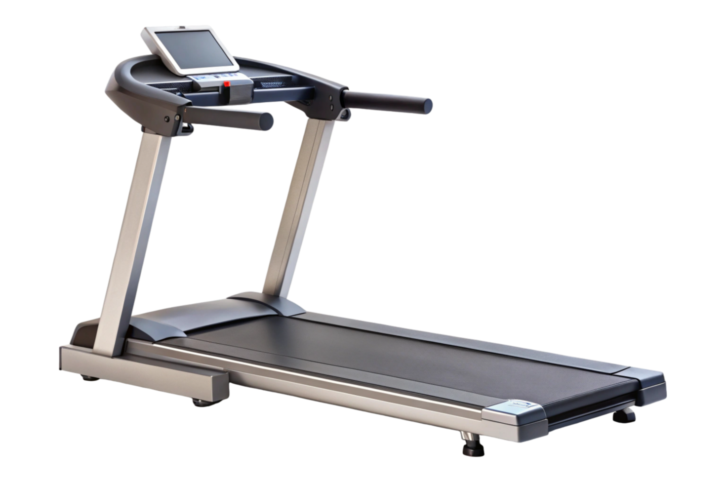 Modern treadmill machine for home and gym workouts with a digital display in white background png