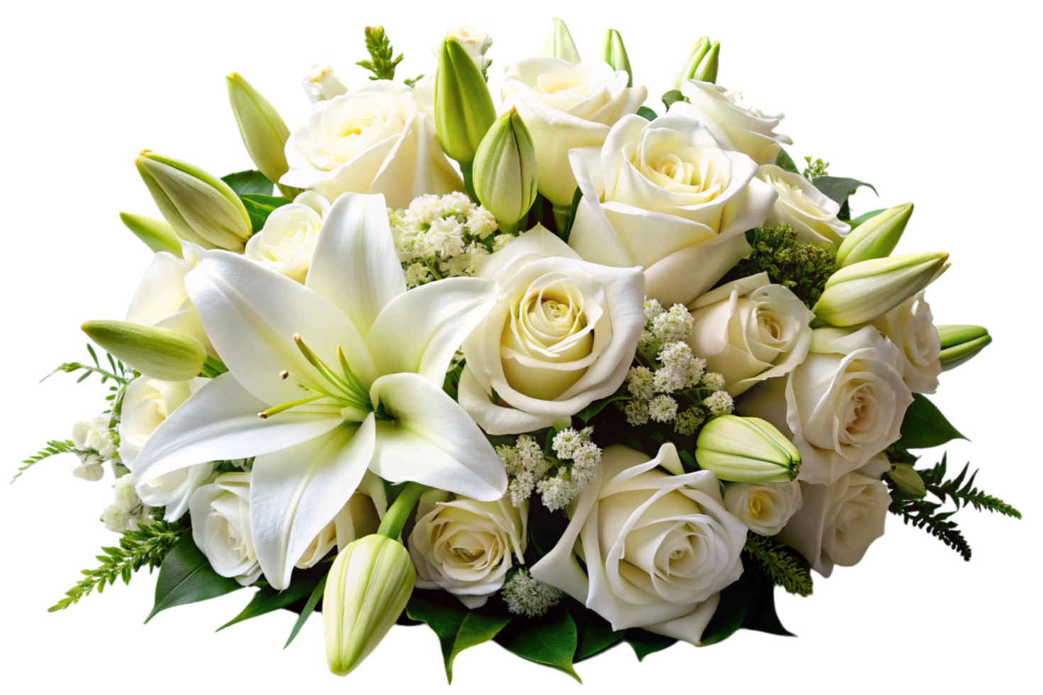 Elegant floral arrangement with white lilies and roses in full bloom, highlighting a sophisticated and fresh look png