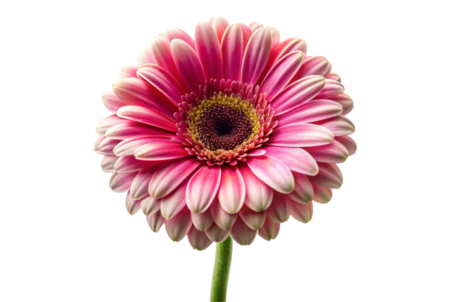 Fresh and detailed view of a bright pink gerbera flower with intricate petals on white png