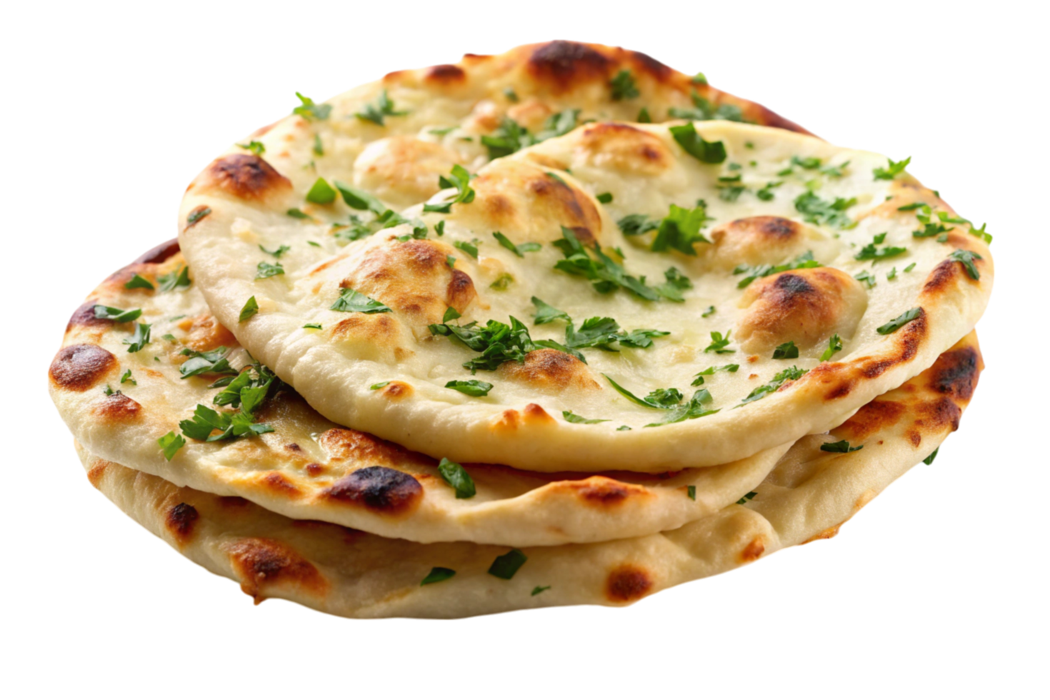 Stack of garlic butter naan bread garnished with fresh herbs on white background png