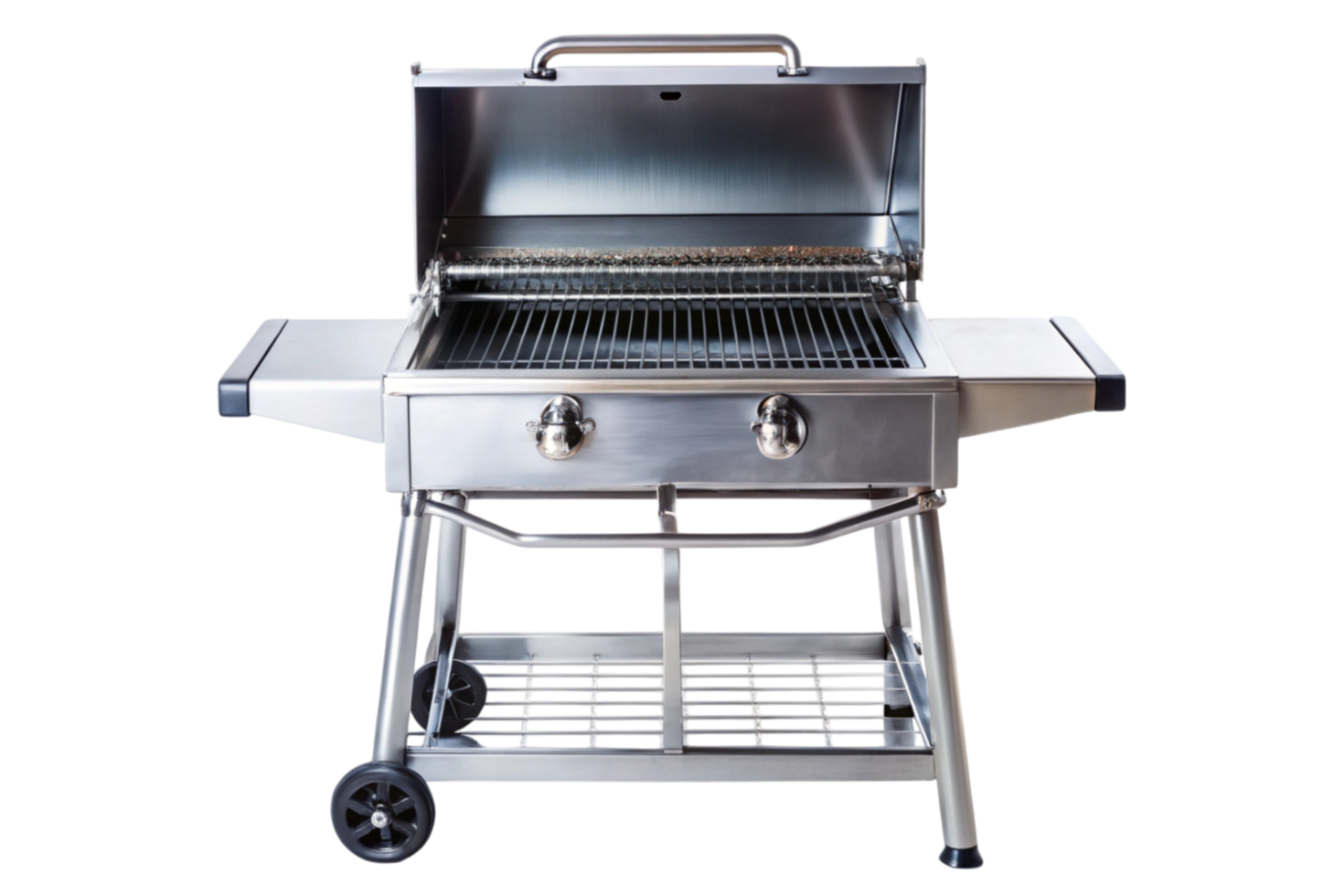 Stainless steel outdoor grill with a spacious grilling surface and side tables on a white background png