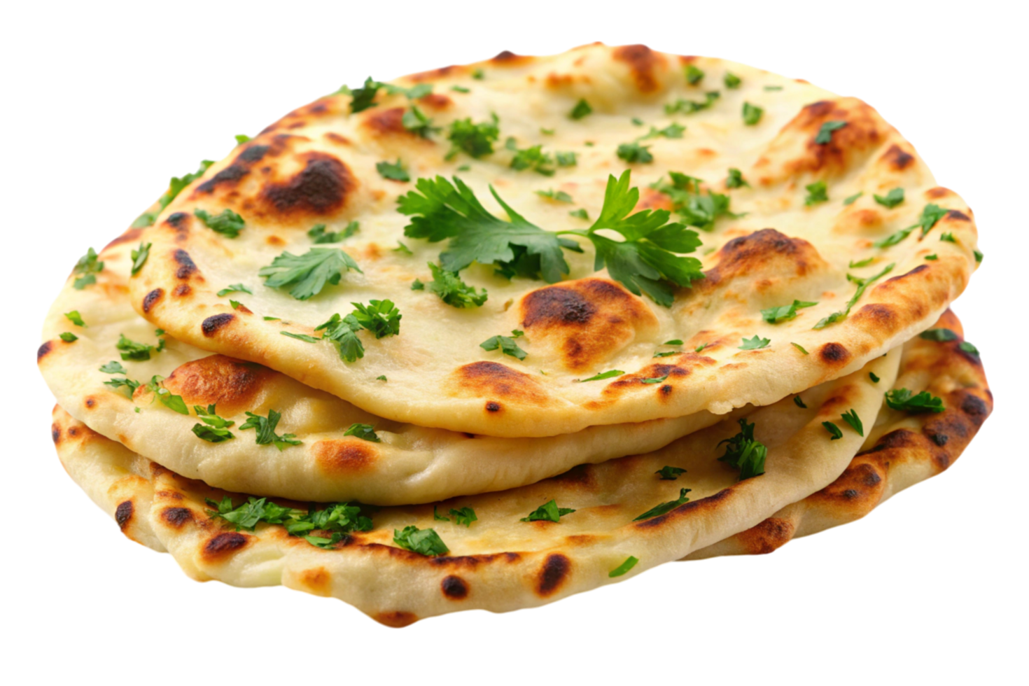 Appetizing pile of garlic naan bread with herbs on a bright white background png